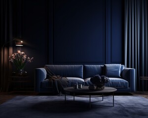 A Blue Couch in a Dark Room Generative AI