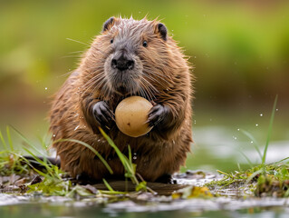 A Photo of a Beaver Playing with a Ball in Nature