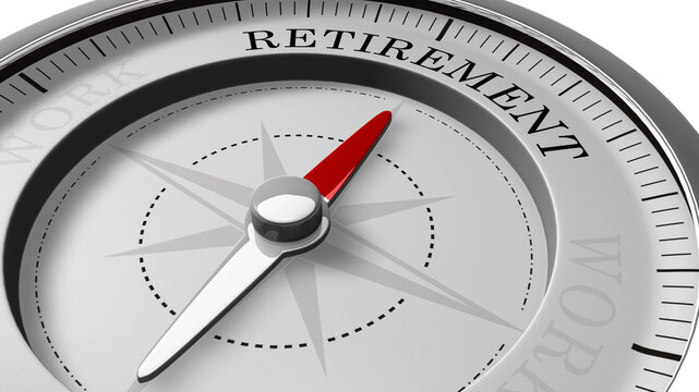 3D Compass with needle pointing at the word retirement, concept image to illustrate retirement planning from work life.