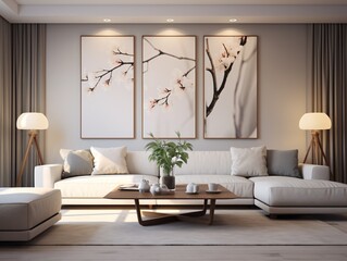 A clean and modern living room with a wooden coffee table and two pictures of cherry blossoms Generative AI