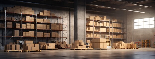 Warehouse with a large number of cardboard boxes Generative AI - obrazy, fototapety, plakaty