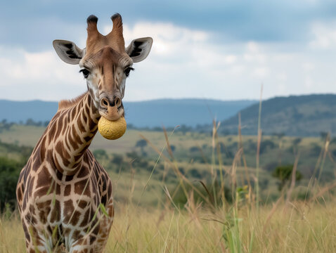 A Photo of a Giraffe Playing with a Ball in Nature