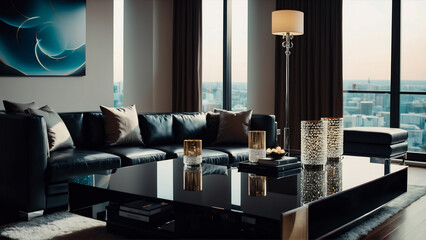 Interior design of a luxurious living room featuring stylish leather furniture