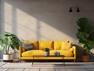 A yellow couch with a plant in a white vase on a wooden table Generative AI