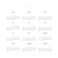 2025 Annual Calendar template in Square shape. Vector layout of a wall or desk simple calendar with week start Monday. Calendar design in black and white color for print