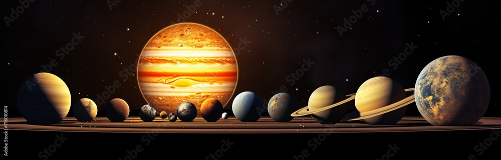 Poster a group of planets and moons in a solar system generative ai