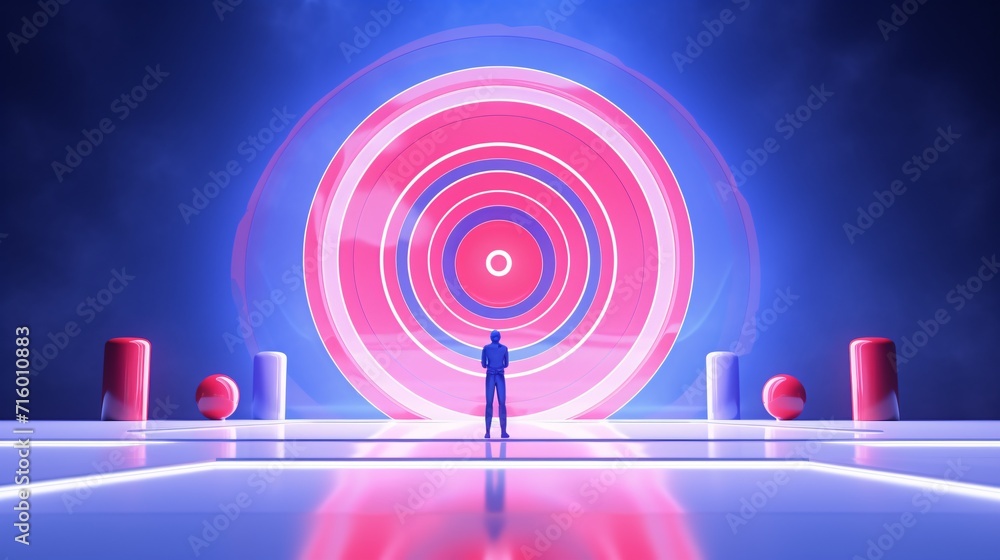Poster a man standing in front of a pink circle with a blue background generative ai