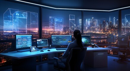 A woman sitting in front of a computer with multiple screens Generative AI