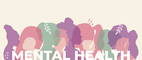 Mental health banner.Vector illustration with silhouettes of men and women.