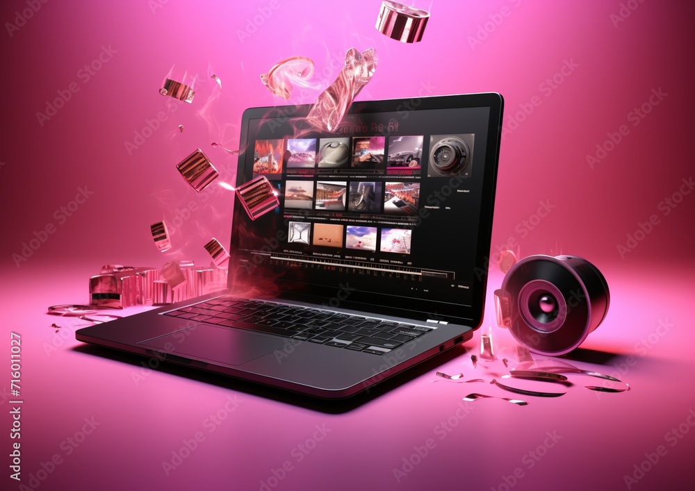 Poster a laptop computer with a pink background and a picture of a camera on the screen. generative ai