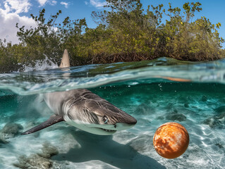 A Photo of a Shark Playing with a Ball in Nature