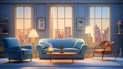 A cozy living room with a blue couch and a city view Generative AI