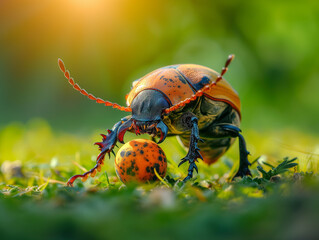 A Photo of a Beetle Playing with a Ball in Nature
