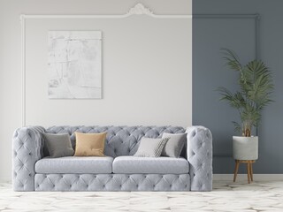 Mockup of a trendy bright living room with a chic slender background and a compact comfortable sofa, 3D rendering.