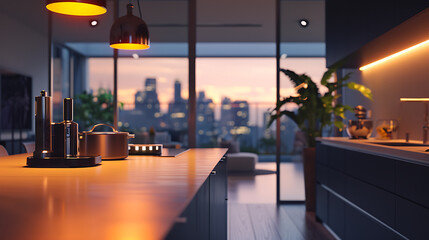 Uma cozinha moderna é preenchida com o suave brilho da luz natural criando uma atmosfera acolhedora e convidativa  Um assistente inteligente alimentado por - obrazy, fototapety, plakaty