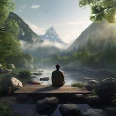 A man practicing mindfulness and meditation in a peaceful natural environment - obrazy, fototapety, plakaty