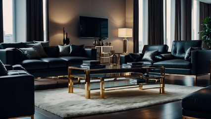 Interior design of a luxurious living room featuring stylish leather furniture