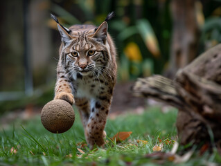 Fototapeta premium A Photo of a Bobcat Playing with a Ball in Nature