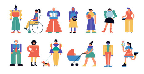 Fototapeta na wymiar Collection of colorful people characters. Community, family or neighborhood standing together. Fun characters in geometric fun modern style. Colorful concept design.