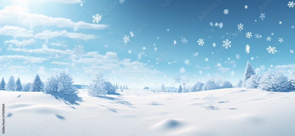 Poster snowy field with snowflakes in the sky generative ai