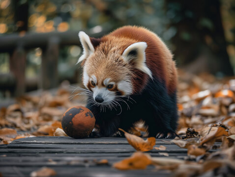 A Photo of a Red Panda Playing with a Ball in Nature