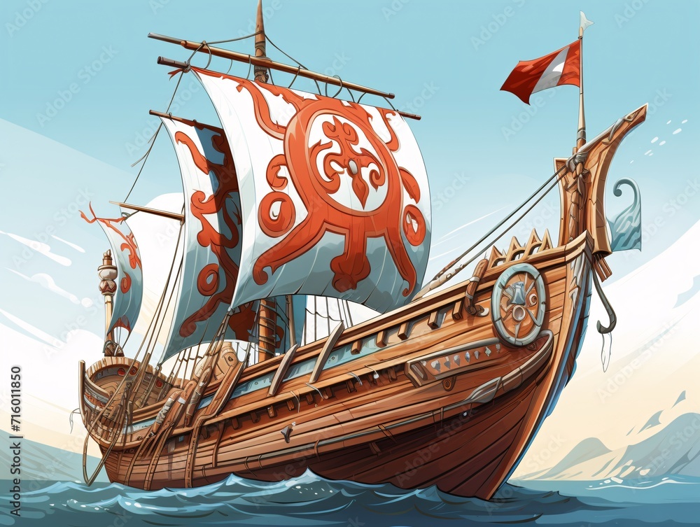 Poster a colorful ship with a red flag and a white and red sail generative ai
