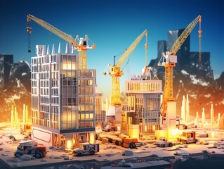 A futuristic cityscape with cranes and trucks Generative AI