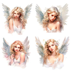 Set of girls with angel wings in watercolor style on a white background
