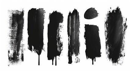 Vector collection or set of artistic black paint, ink or acrylic hand made creative brush stroke backgrounds isolated on white as grunge or grungy art, education abstract elements frame design 