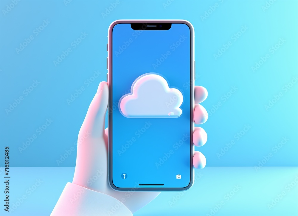 Poster a person holding a cell phone with a cloud image on the screen generative ai