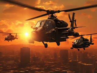 Helicopter flying over a city at sunset Generative AI