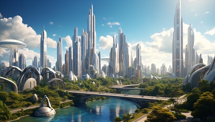 Futuristic Cityscape with Skyscrapers and Water Generative AI - obrazy, fototapety, plakaty