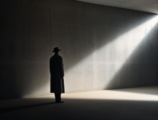 Fototapeta premium Man in a Hat Standing in a Concrete Room Generative AI