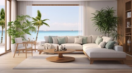 A large white couch with a wooden coffee table in front of a window overlooking the ocean Generative AI