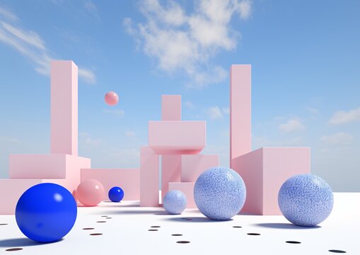 A collection of colorful balls and cubes in a white and pink setting Generative AI