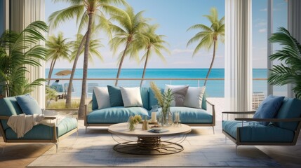 outdoor spaces of the home, such as patios or terraces, where guests can relax, and nearby attractions, such as the beach or local attractions - obrazy, fototapety, plakaty