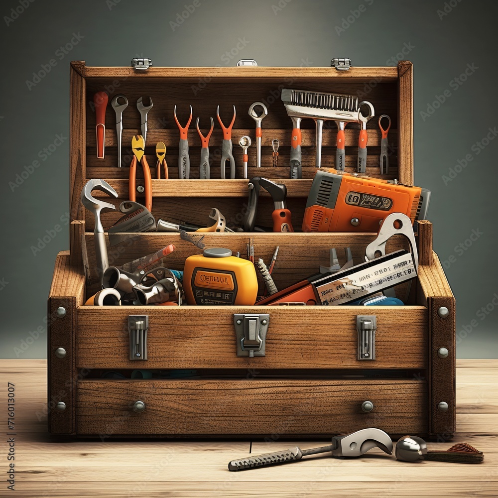 Poster wooden toolbox with various tools generative ai