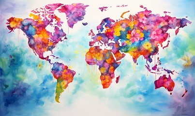 A colorful world map with flowers Generative AI