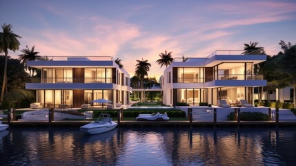 Obraz premium exterior of a house on the embankment, demonstrating the property's proximity to the water. Architectural features, landscaping and outdoor living spaces are highlighted