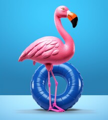 Pink Flamingo with Blue Raft Generative AI - obrazy, fototapety, plakaty