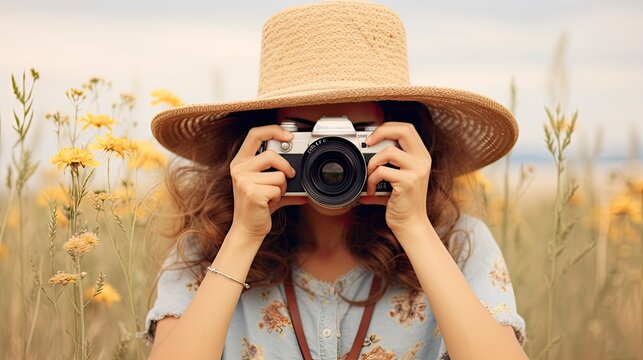 A girl in a straw hat holds a camera in her hands and takes pictures. The moment of shooting a summer photo shoot