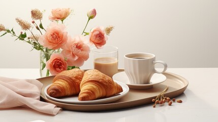 coffee mug and croissant on the table, it looks organic and casual. Added elements such as a bouquet of flowers or a book to add to the casual yet sophisticated aesthetic of a lazy morning