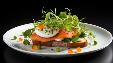 Sandwich for breakfast. Used the plate as a canvas, aesthetically placing smoked salmon, eggs, greens and radish microgreens, layers and textures to make the sandwich visually appealing.