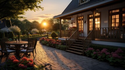 House or terrace of a house during sunset or before sunset. Golden hour gives the scene a natural and attractive glow, highlighting architectural details and creating a realistic atmosphere.