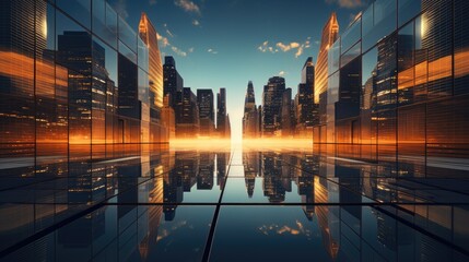 Mirrored skyscrapers, shot from ground level to showcase the square floor and create a sense of space to draw attention to architectural elements