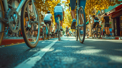 a low-angle perspective of a group of cyclists commuting along a city bike lane. The warm tones of the autumn leaves overhead create a canopy that bathes the scene in a golden hue. 