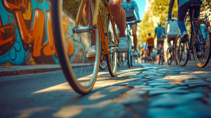 a unique ground-level viewpoint of a group of cyclists riding over cobblestone streets. The focus on the bicycle wheels and the cyclists' legs in motion adds a sense of immediacy and movement. - obrazy, fototapety, plakaty