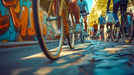  a unique ground-level viewpoint of a group of cyclists riding over cobblestone streets. The focus on the bicycle wheels and the cyclists' legs in motion adds a sense of immediacy and movement. © Chris Anson