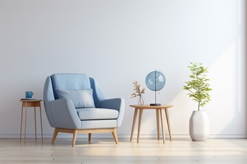 A blue chair with a pillow and a wooden table with a blue vase and a sphere on top Generative AI