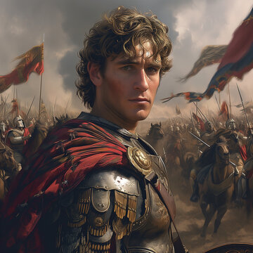 Alexander the Great in the midst of battle. His steely gaze radiates determination and fearlessness. Surrounded by an impressive phalanx of powerful soldiers.